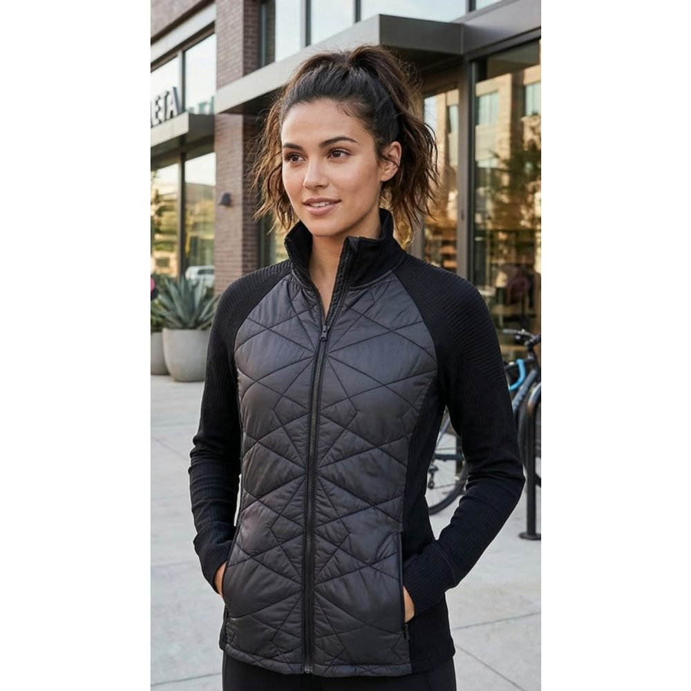 Athleta Womens Black Quilted Jacket Full Zip Ribbed Knit Panels Medium Thumbhole - Picture 13 of 13
